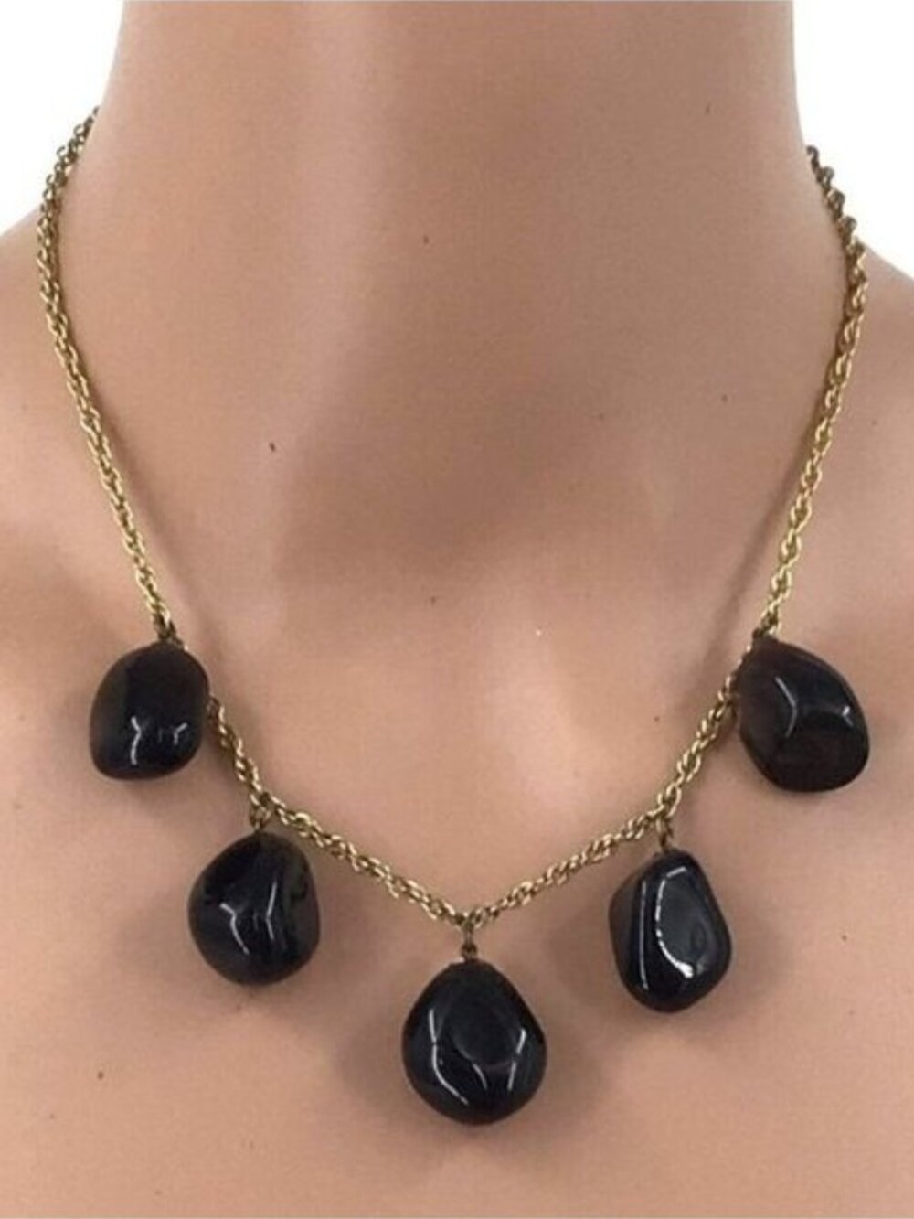 Natural Stone Fringe Necklace Gold Tone Chain 17 Inch Length